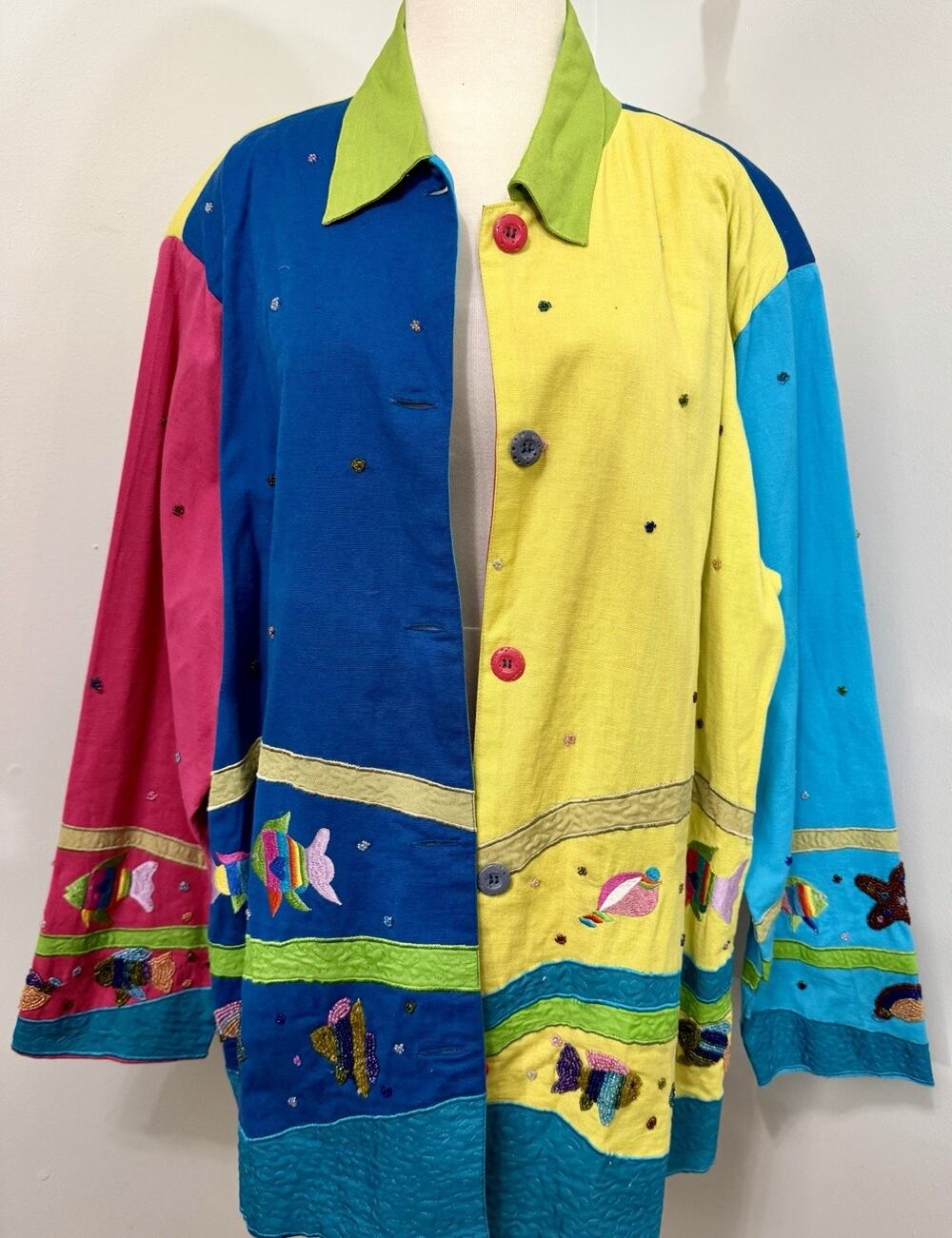 Quacker Factory Fish Aquarium Embroidered Beaded Linen Blend Blouse Shirt 1X Y2K